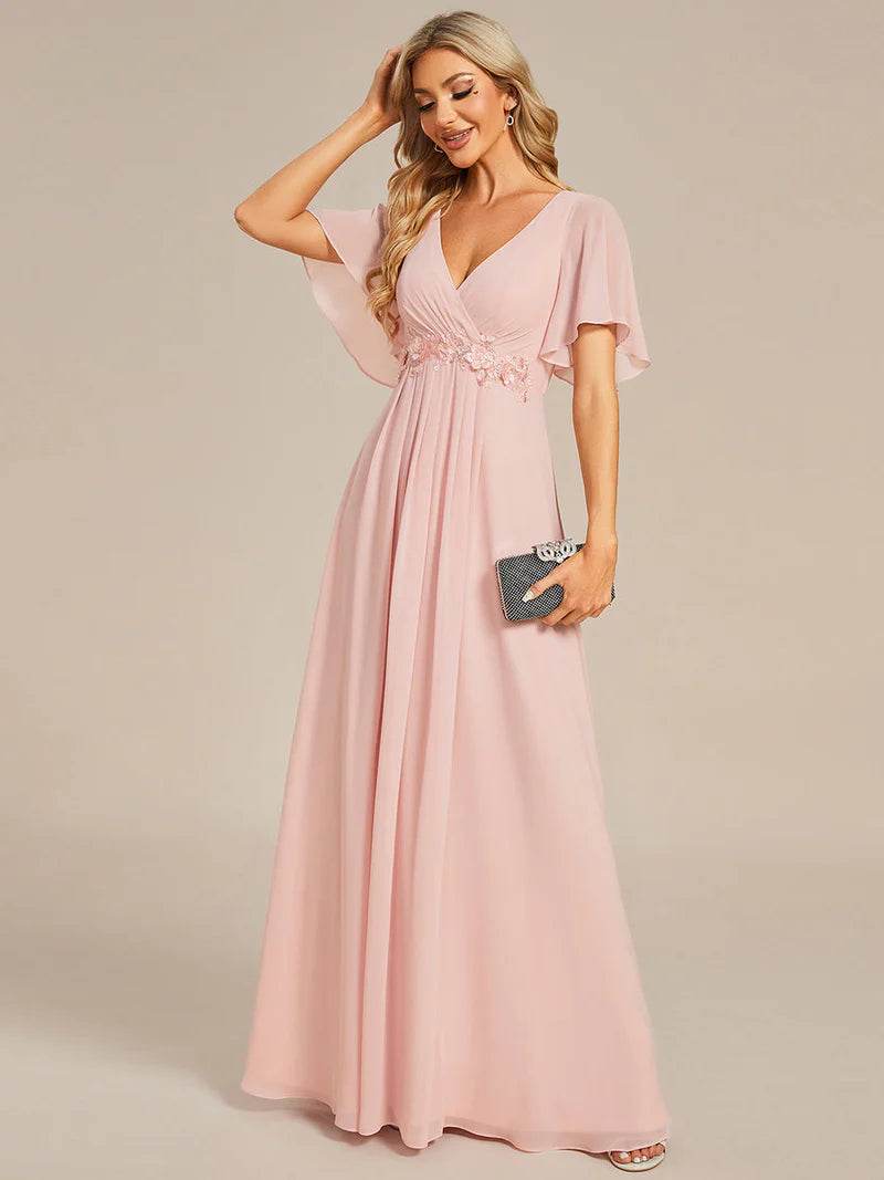 Elegant V-Neck Pleated Bridesmaid Dress with Floral Appliqués - Biamonde
